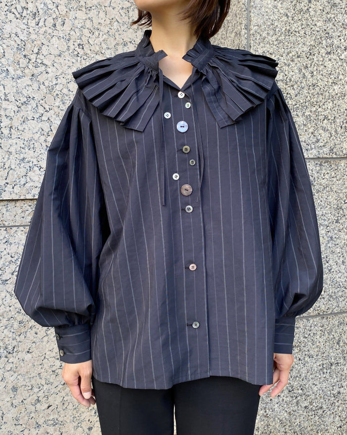 BPN ストライプ柄 黒 長袖ブラウス ゴスロリ 裾フリル gothic_wy-1041ccf-rd